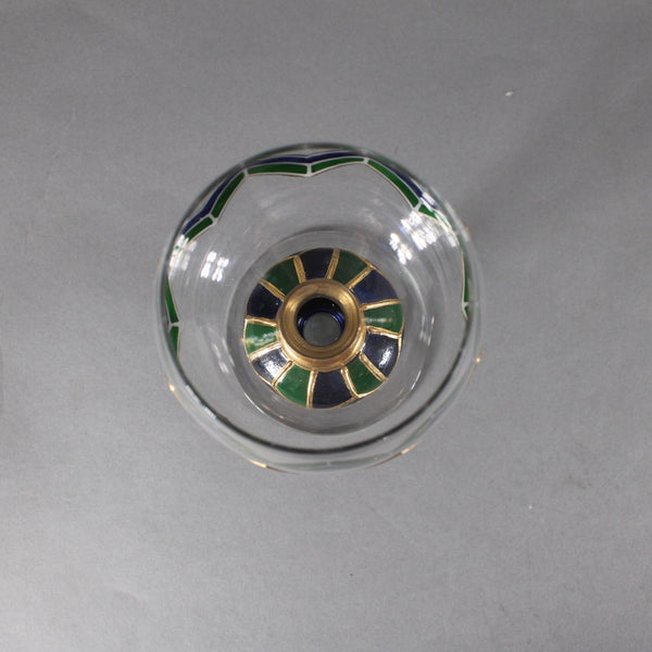 Bohemian Wine Glass Blue Green Gold Painted 6.25" Wine Glass