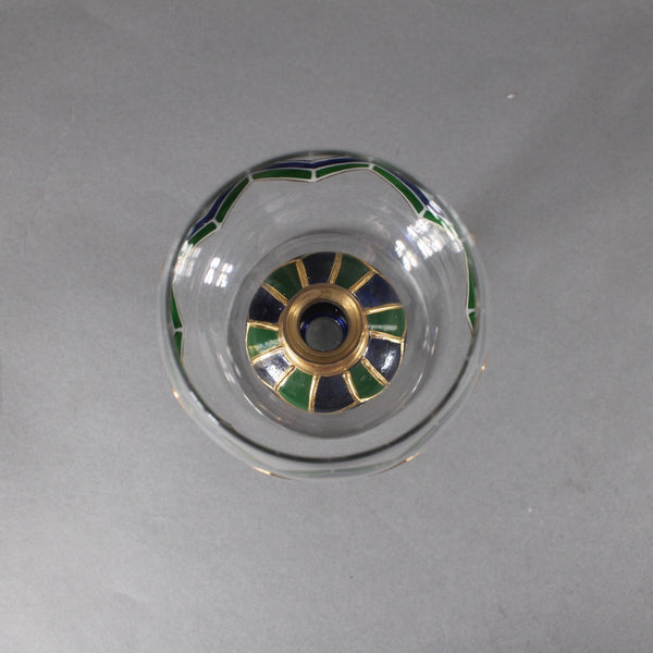 Bohemian Wine Glass Blue Green Gold Painted 6.25" Wine Glass