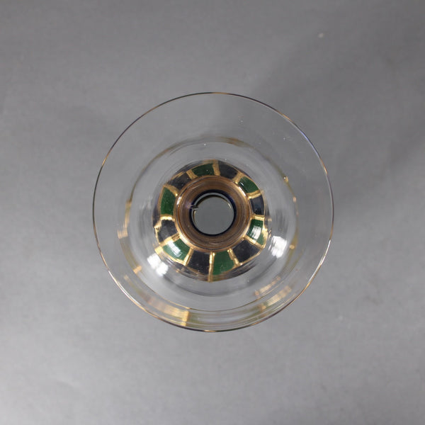 Bohemian Wine Glass Blue Green Gold Painted 6.25" Wine Glass