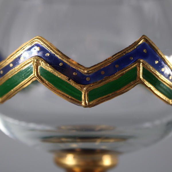 Bohemian Wine Glass Blue Green Gold Painted 6.25" Wine Glass