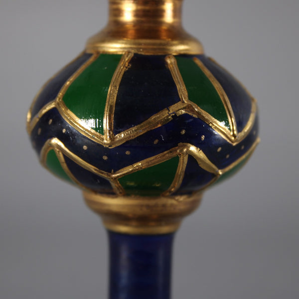 Bohemian Wine Glass Blue Green Gold Painted 6.25" Wine Glass