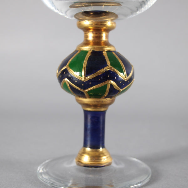 Bohemian Wine Glass Blue Green Gold Painted 6.25" Wine Glass