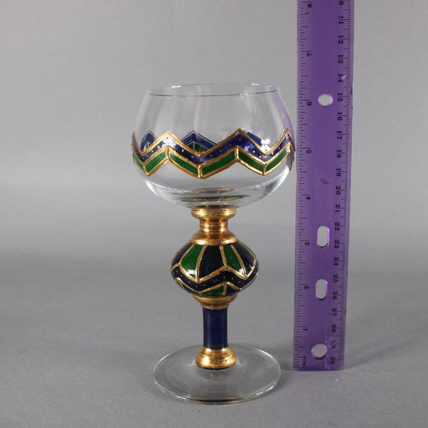 Bohemian Wine Glass Blue Green Gold Painted 6.25" Wine Glass