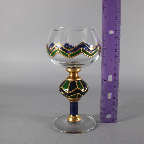 Bohemian Wine Glass Blue Green Gold Painted 6.25" Wine Glass