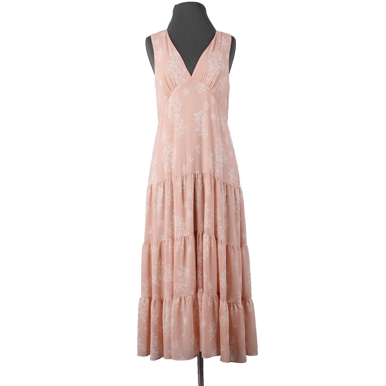 HM NEW Sz S Peach White Floral Sleeveless Ruffled Lined 100% Polyester Dress