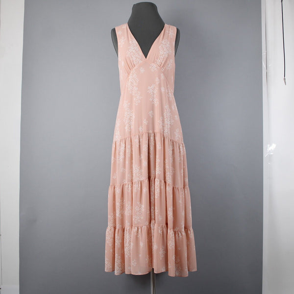 HM NEW Sz S Peach White Floral Sleeveless Ruffled Lined 100% Polyester Dress
