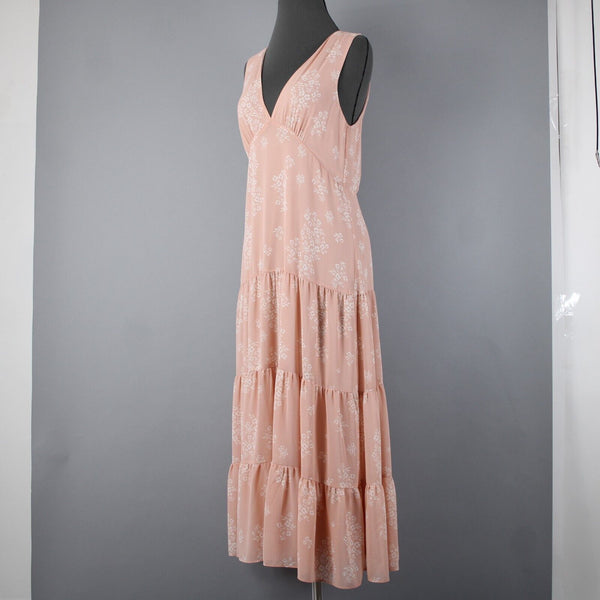 HM NEW Sz S Peach White Floral Sleeveless Ruffled Lined 100% Polyester Dress
