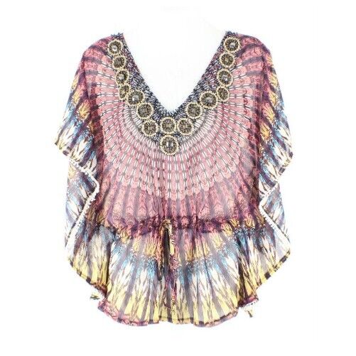 Autumn Saint James Sz S Red Purple Yellow Multi Beaded Poly Sheer Chiffon Top