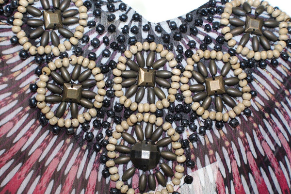 Autumn Saint James Sz S Red Purple Yellow Multi Beaded Poly Sheer Chiffon Top