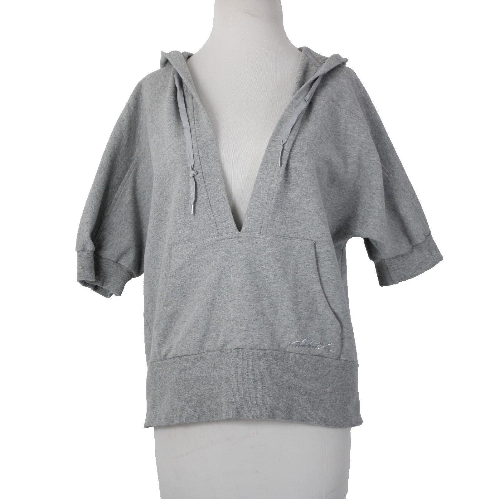 Michael Kors Sz L Gray V Neck Pocket Short Sleeve Hooded Cotton Spandex Sweater