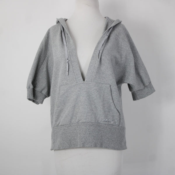 Michael Kors Sz L Gray V Neck Pocket Short Sleeve Hooded Cotton Spandex Sweater