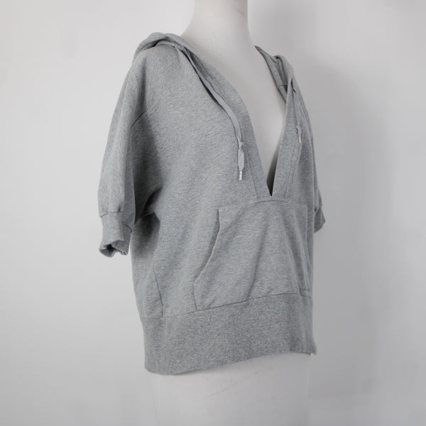 Michael Kors Sz L Gray V Neck Pocket Short Sleeve Hooded Cotton Spandex Sweater