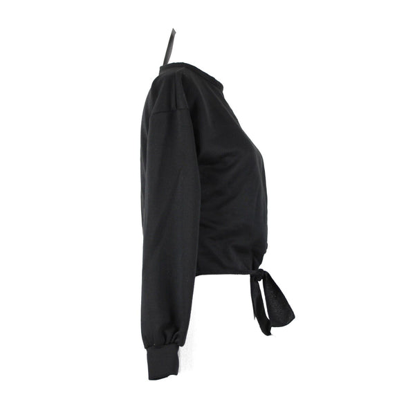 Pretty Little Thing NEW Sz 2 Black Tie Front Crop Polyester Elastane Sweater