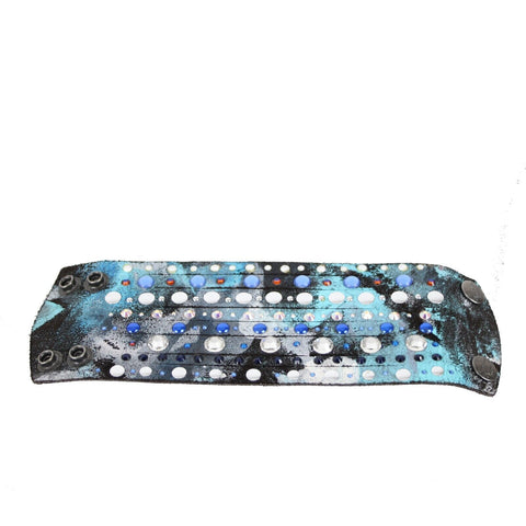 Caroline Rocha Blue Black Swarovski Crystals Leather 8" Multi Strand Bracelet