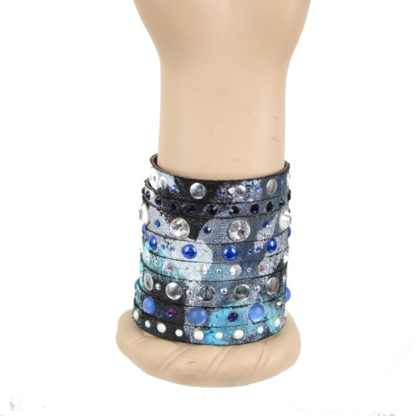 Caroline Rocha Blue Black Swarovski Crystals Leather 8" Multi Strand Bracelet