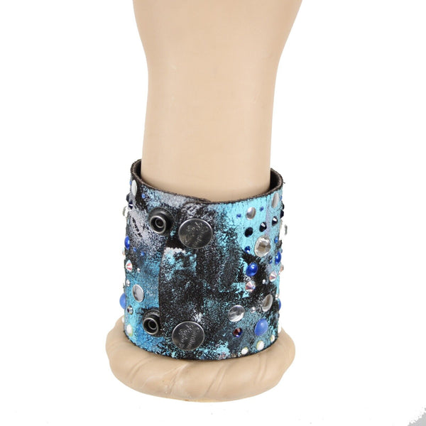 Caroline Rocha Blue Black Swarovski Crystals Leather 8" Multi Strand Bracelet