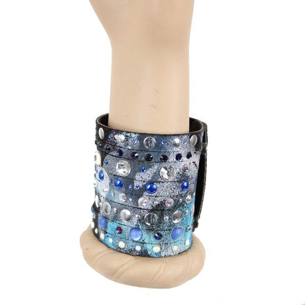 Caroline Rocha Blue Black Swarovski Crystals Leather 8" Multi Strand Bracelet