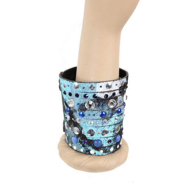 Caroline Rocha Blue Black Swarovski Crystals Leather 8" Multi Strand Bracelet