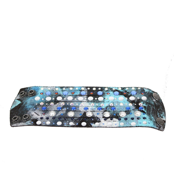 Caroline Rocha Blue Black Swarovski Crystals Leather 8" Multi Strand Bracelet
