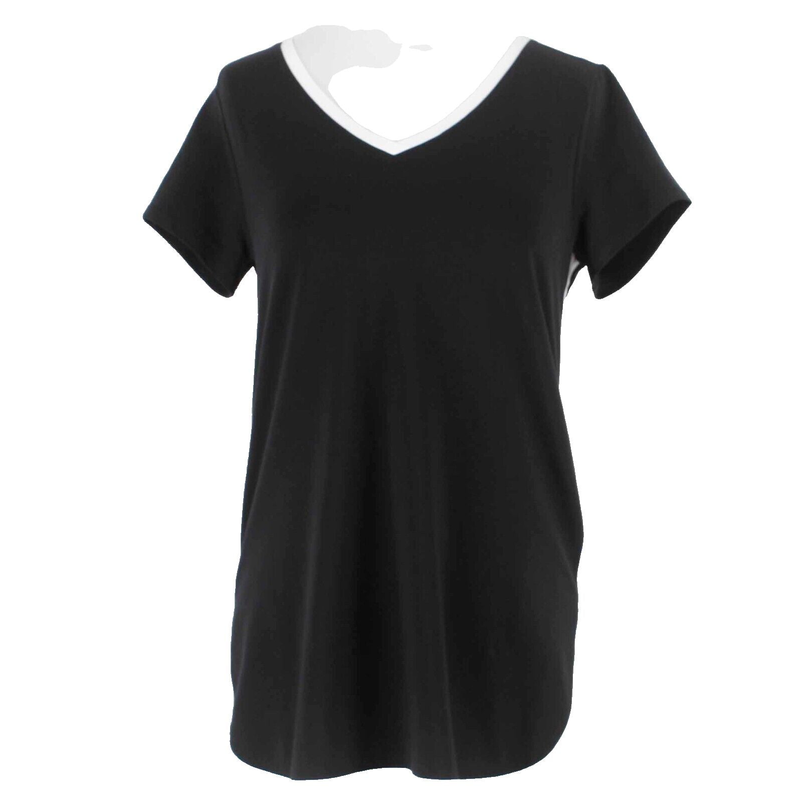 J Jill NEW $59 Sz XS Black White V Neck Split Round Sides Cotton Blend Knit Top