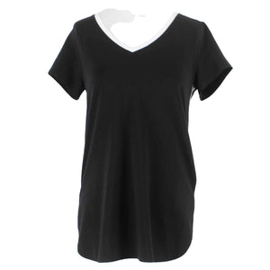 J Jill NEW $59 Sz XS Black White V Neck Split Round Sides Cotton Blend Knit Top