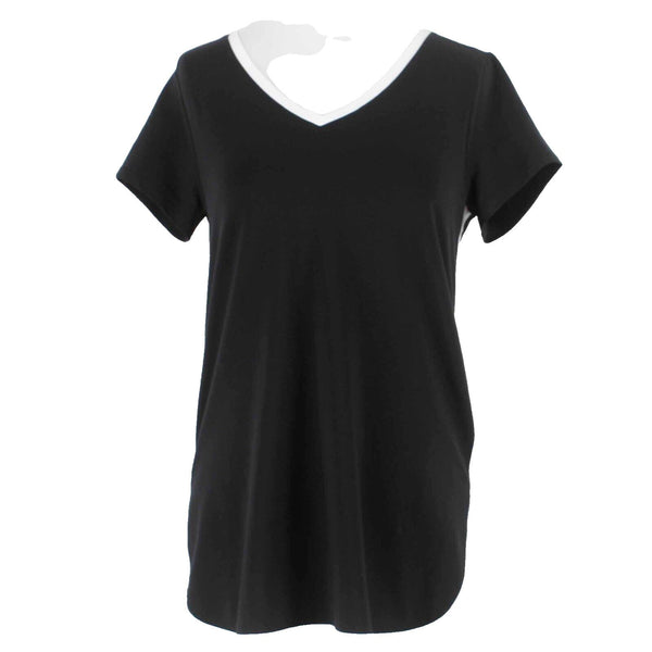 J Jill NEW $59 Sz XS Black White V Neck Split Round Sides Cotton Blend Knit Top