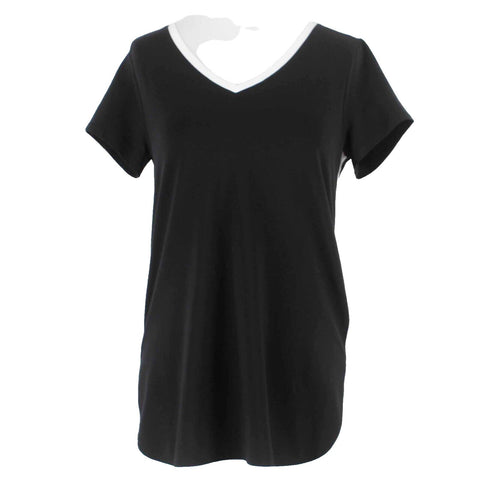 J Jill NEW $59 Sz XS Black White V Neck Split Round Sides Cotton Blend Knit Top