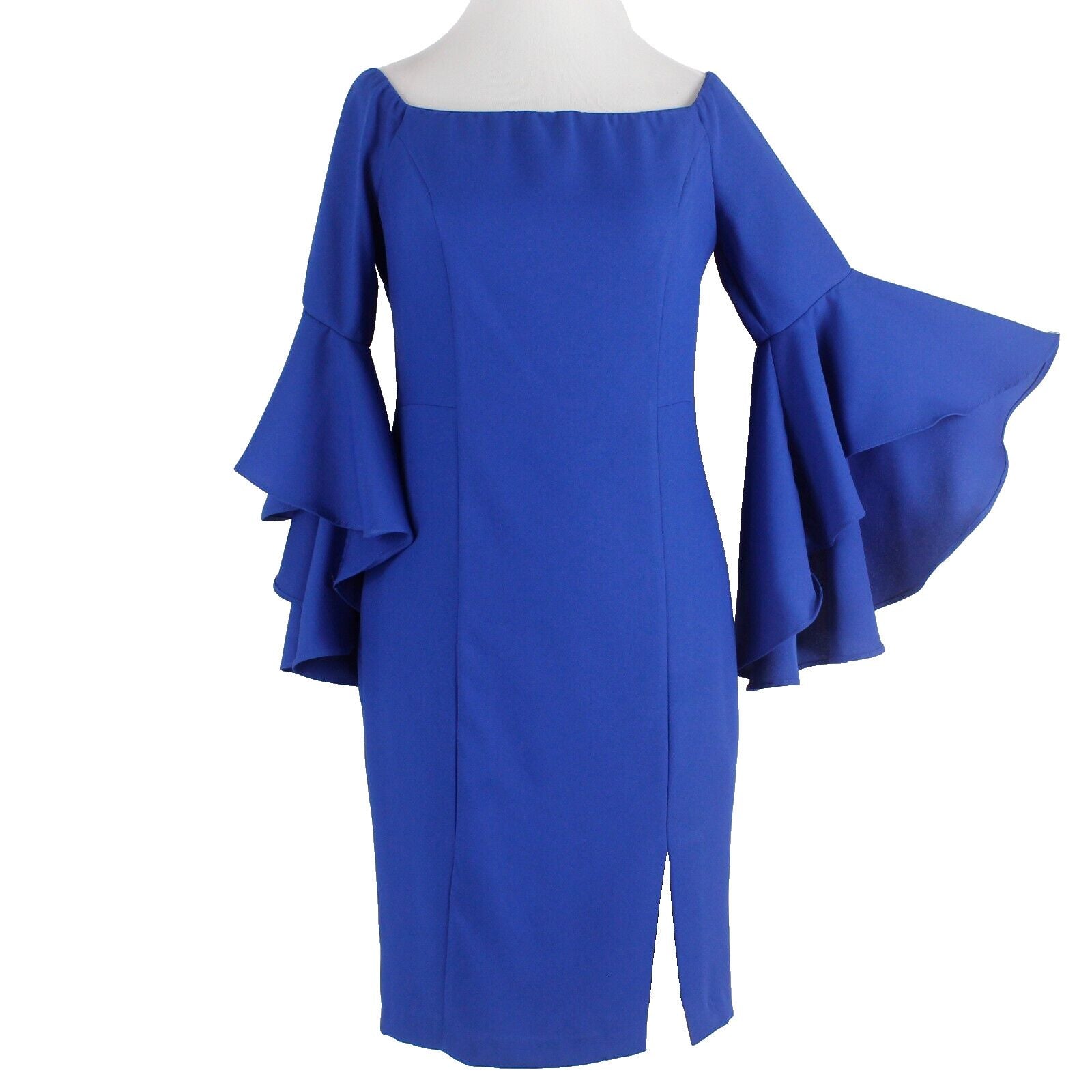 Venus Sz 6 Blue Lined Off Shoulder Super Flutter Sleeve Front Slit Poly Dress