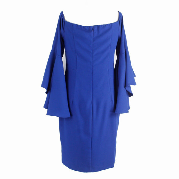 Venus Sz 6 Blue Lined Off Shoulder Super Flutter Sleeve Front Slit Poly Dress