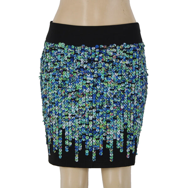 Ann Taylor Sz 4 Black Blue Green Applique Lined Polyester Spandex Pencil Skirt