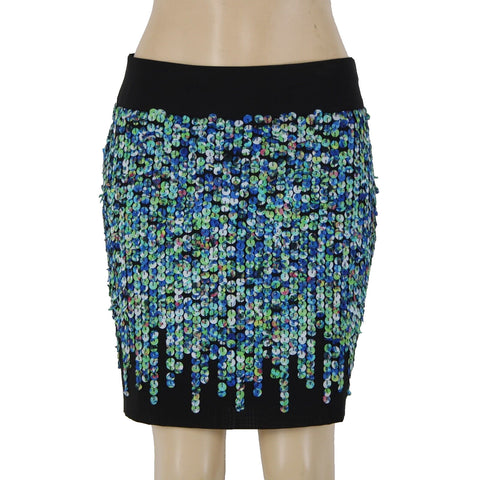 Ann Taylor Sz 4 Black Blue Green Applique Lined Polyester Spandex Pencil Skirt