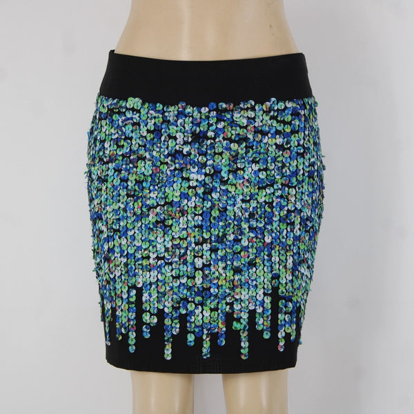 Ann Taylor Sz 4 Black Blue Green Applique Lined Polyester Spandex Pencil Skirt