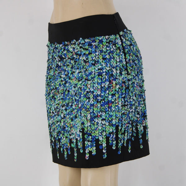 Ann Taylor Sz 4 Black Blue Green Applique Lined Polyester Spandex Pencil Skirt