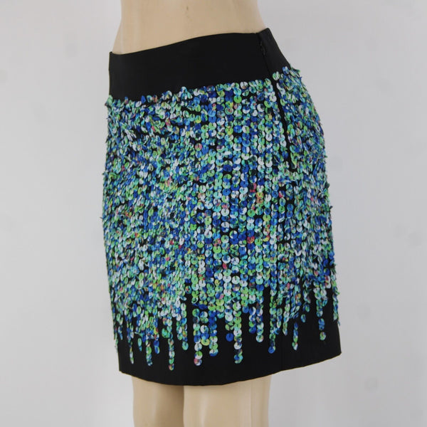 Ann Taylor Sz 4 Black Blue Green Applique Lined Polyester Spandex Pencil Skirt