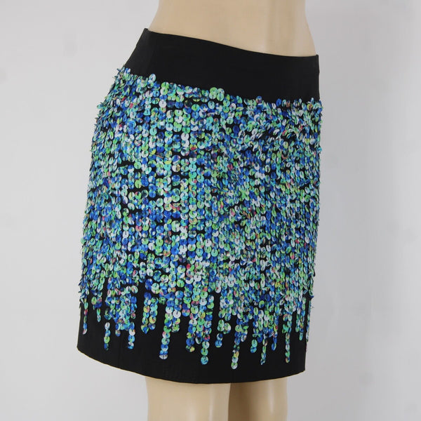 Ann Taylor Sz 4 Black Blue Green Applique Lined Polyester Spandex Pencil Skirt