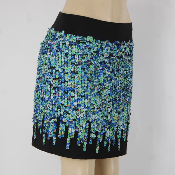 Ann Taylor Sz 4 Black Blue Green Applique Lined Polyester Spandex Pencil Skirt