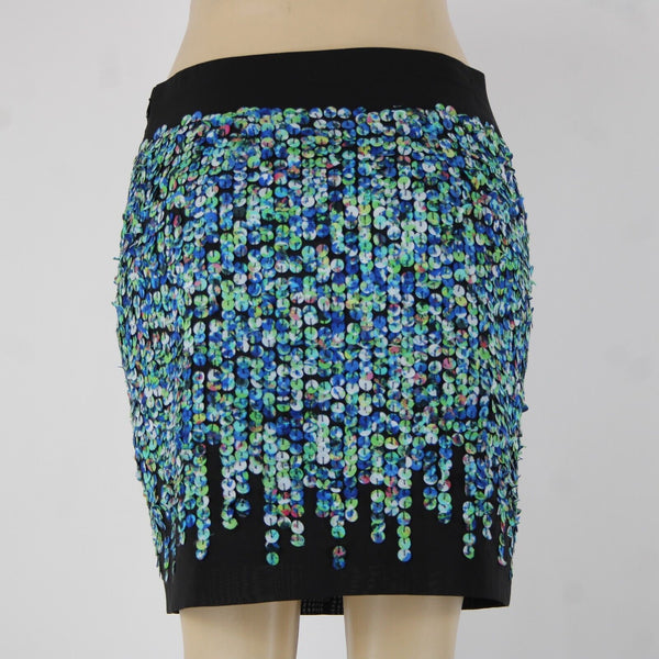 Ann Taylor Sz 4 Black Blue Green Applique Lined Polyester Spandex Pencil Skirt