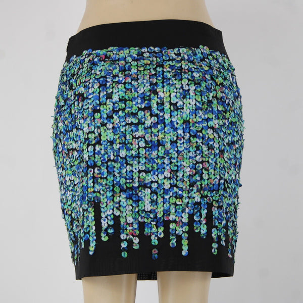 Ann Taylor Sz 4 Black Blue Green Applique Lined Polyester Spandex Pencil Skirt