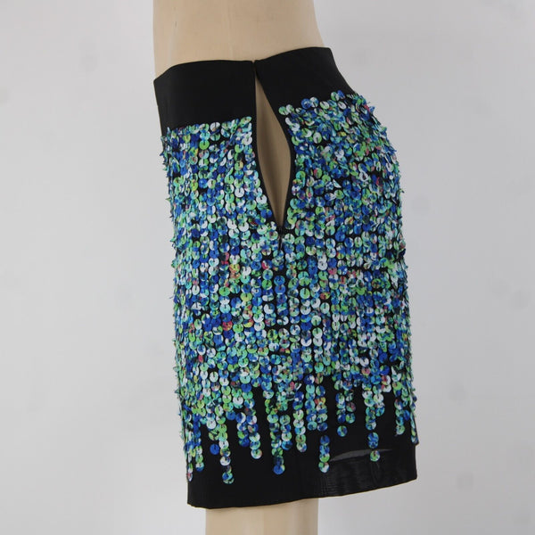 Ann Taylor Sz 4 Black Blue Green Applique Lined Polyester Spandex Pencil Skirt