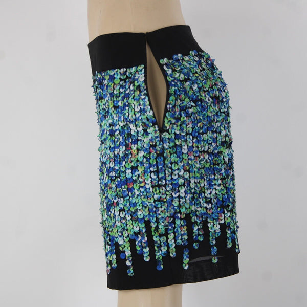 Ann Taylor Sz 4 Black Blue Green Applique Lined Polyester Spandex Pencil Skirt