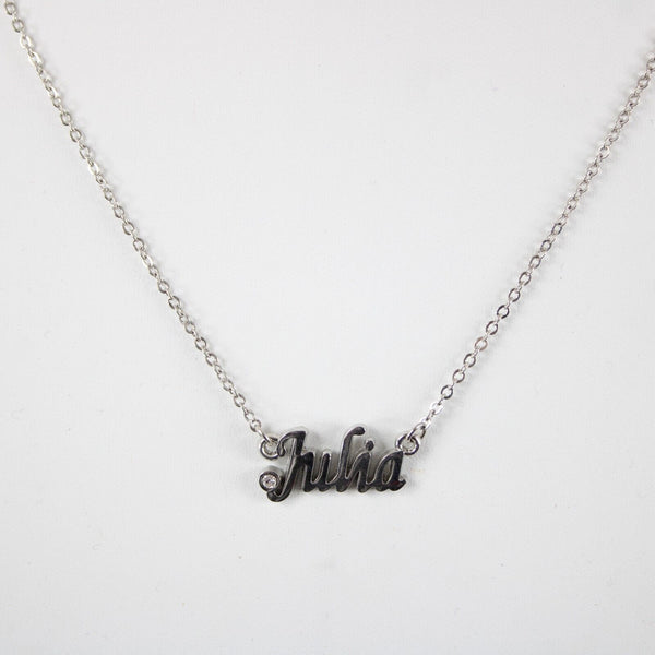 JULIA Name Silvertone Rhinestone 14.5" w 4.5" Multi Ring Ext Necklace