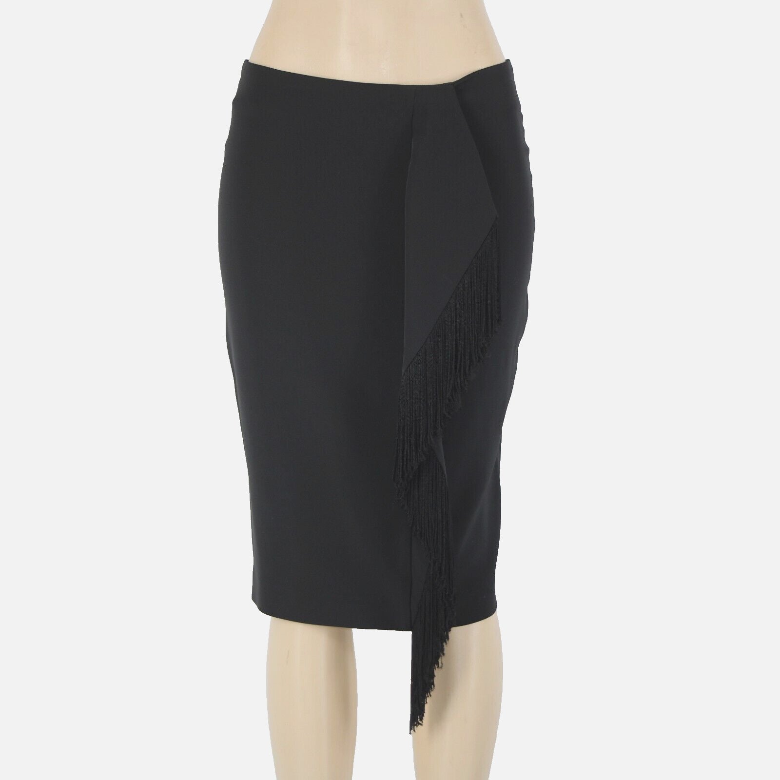 Calvin Klein Sz 4 Black Waterfall Fringe Asymm Polyester Spandex Pencil Skirt