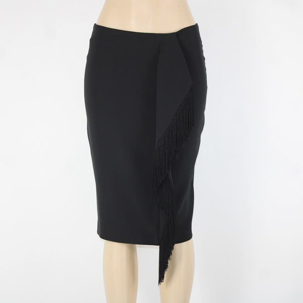 Calvin Klein Sz 4 Black Waterfall Fringe Asymm Polyester Spandex Pencil Skirt