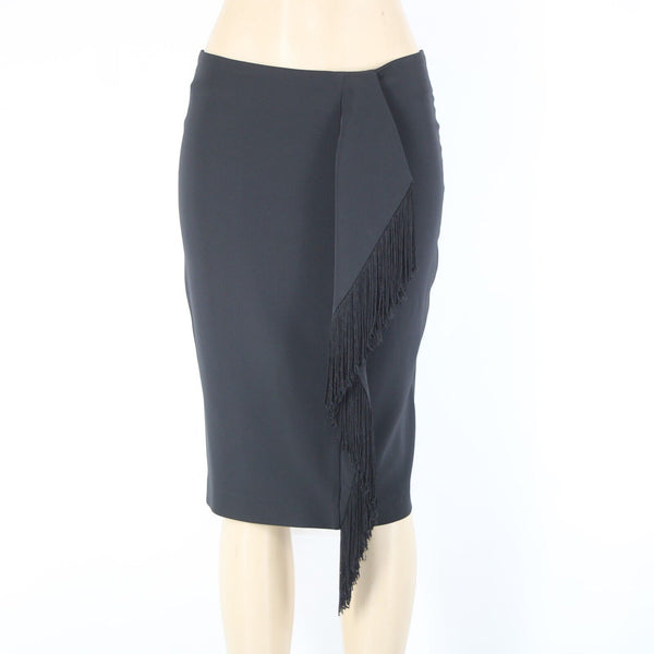 Calvin Klein Sz 4 Black Waterfall Fringe Asymm Polyester Spandex Pencil Skirt
