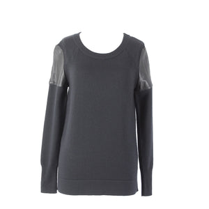 Skaist Taylor Sz S Black Leather Shoulder Knit Round Neck 100% Wool Lamb Sweater