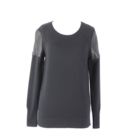 Skaist Taylor Sz S Black Leather Shoulder Knit Round Neck 100% Wool Lamb Sweater