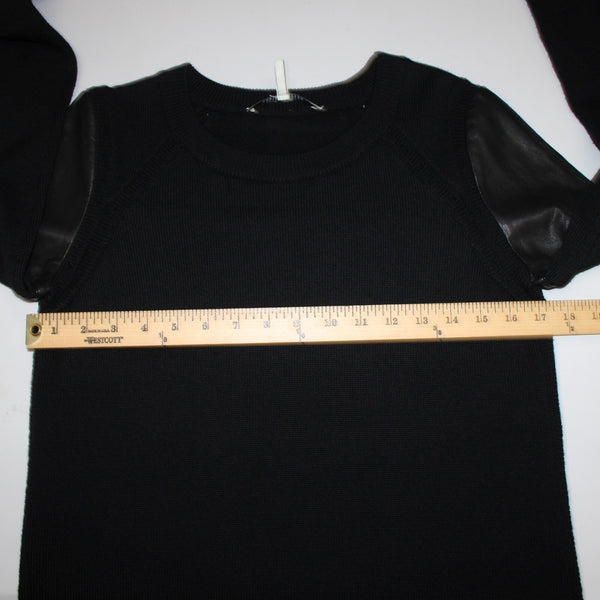 Skaist Taylor Sz S Black Leather Shoulder Knit Round Neck 100% Wool Lamb Sweater