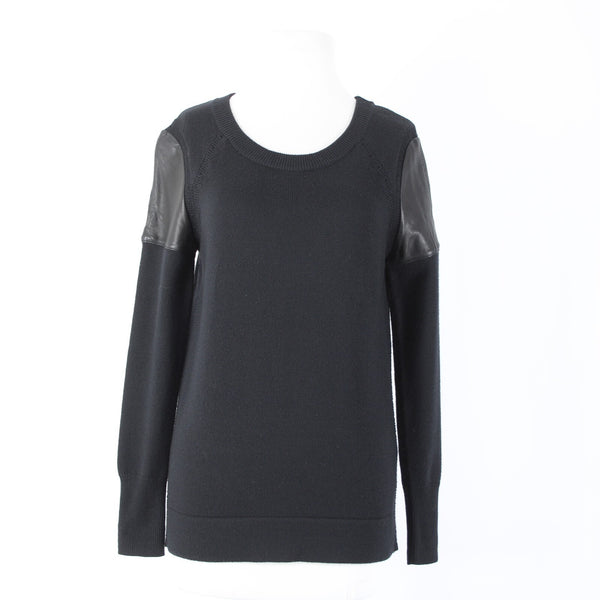 Skaist Taylor Sz S Black Leather Shoulder Knit Round Neck 100% Wool Lamb Sweater