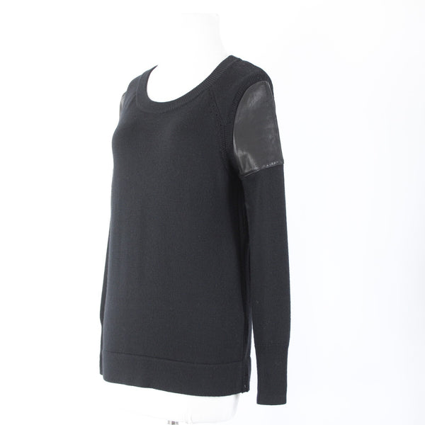 Skaist Taylor Sz S Black Leather Shoulder Knit Round Neck 100% Wool Lamb Sweater