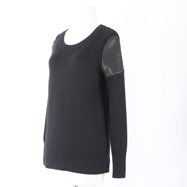 Skaist Taylor Sz S Black Leather Shoulder Knit Round Neck 100% Wool Lamb Sweater